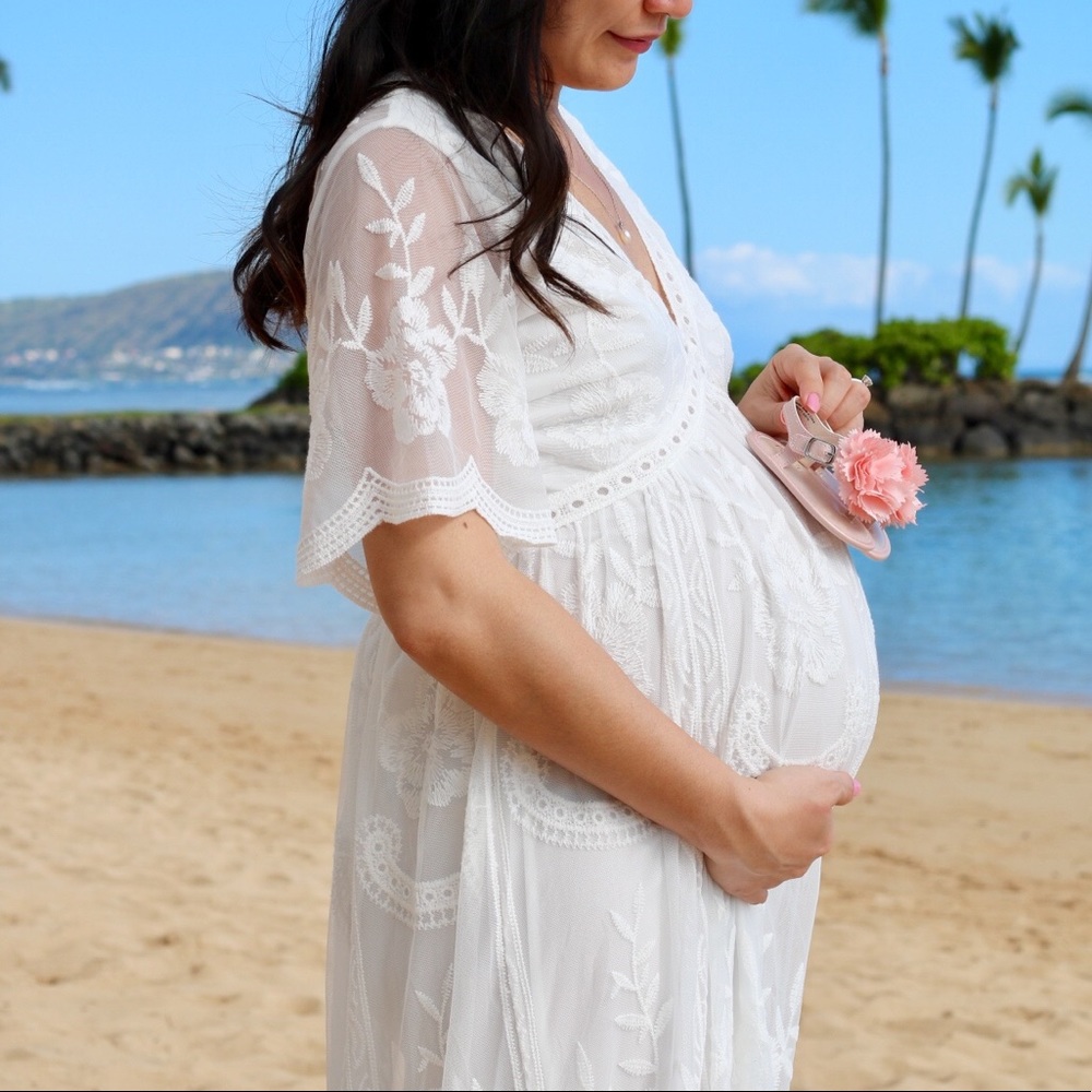 PinkBlush white lace overlay maternity maxi dress